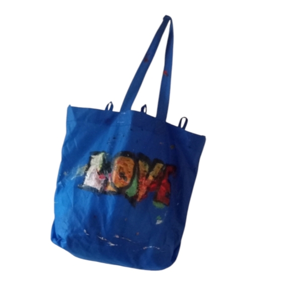 Crude Folk Art "LOVE" Nylon Reusable Tote Hand Painted Tote - Picture 6 of 6